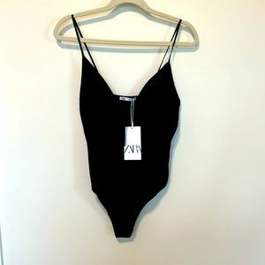 Zara Women’s Black Bodysuit / Size L / Brand NWT / Spaghetti Straps - Front Tie